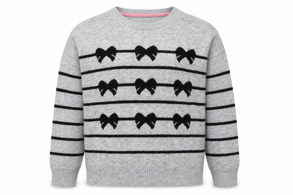 Front view of Crew Clothing girls’ grey bow stripe knit jumper, size 16, years