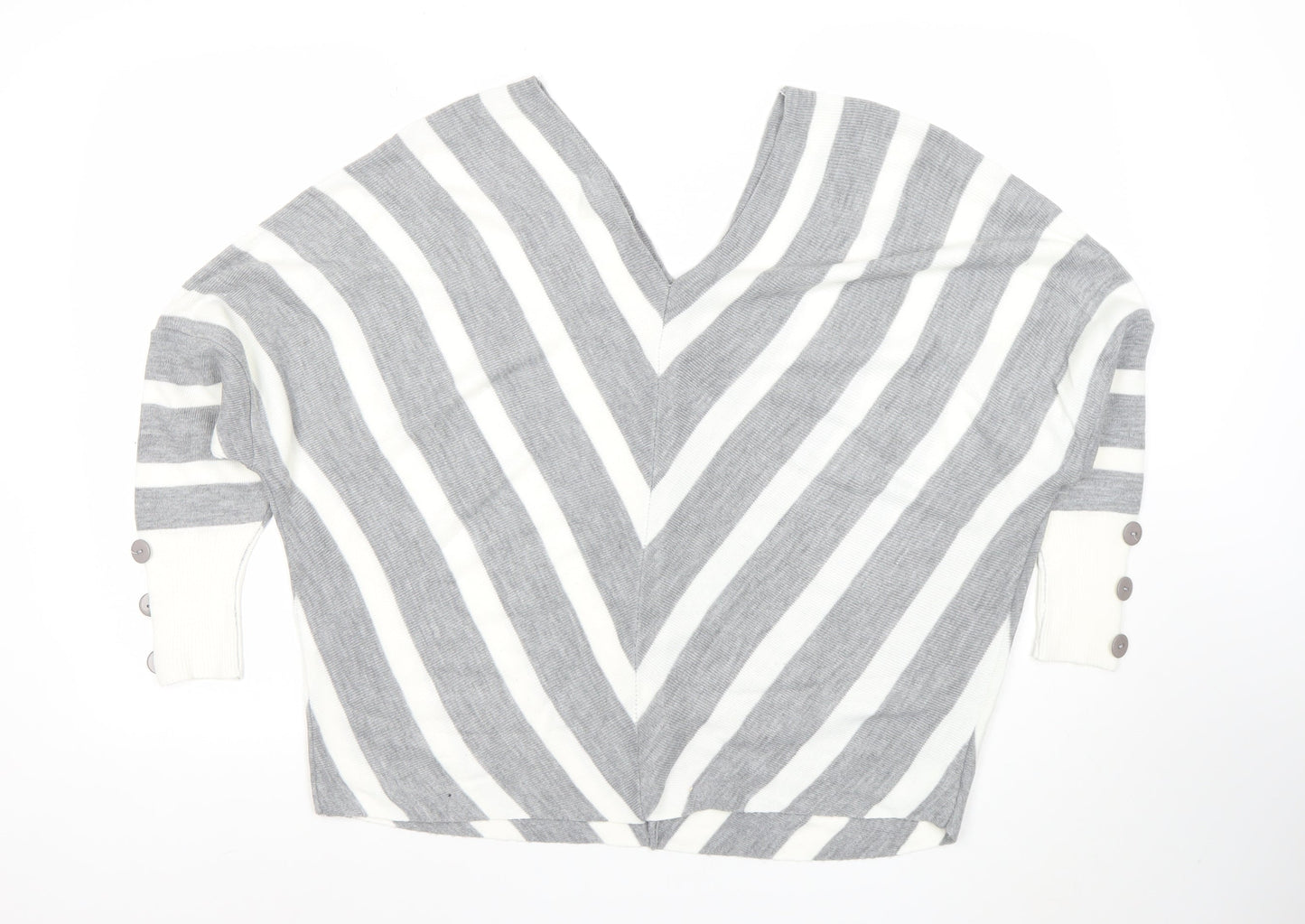 JO by Jenerique Women’s Grey White Striped V-Neck Pullover Jumper M