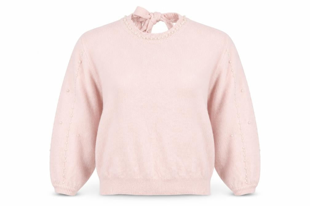 MIC TORSER Women Pink Beaded Bow Back V-Neck Wool Blend Jumper One Size