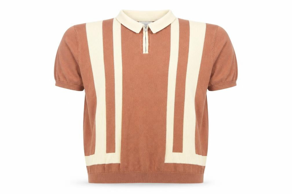 Front view of Easy Men's Brown Retro Striped Collared Polo Shirt, size L, Cotton Zip Neck