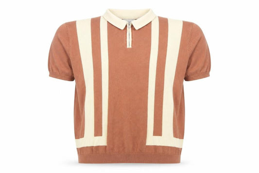 EASY Men's Brown Retro Striped Collared Polo Shirt Size L Cotton Zip Neck