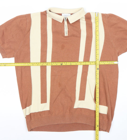 EASY Men's Brown Retro Striped Collared Polo Shirt Size L Cotton Zip Neck