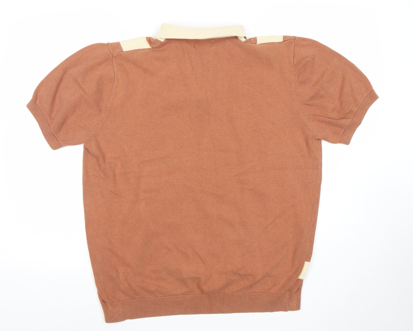 EASY Men's Brown Retro Striped Collared Polo Shirt Size L Cotton Zip Neck