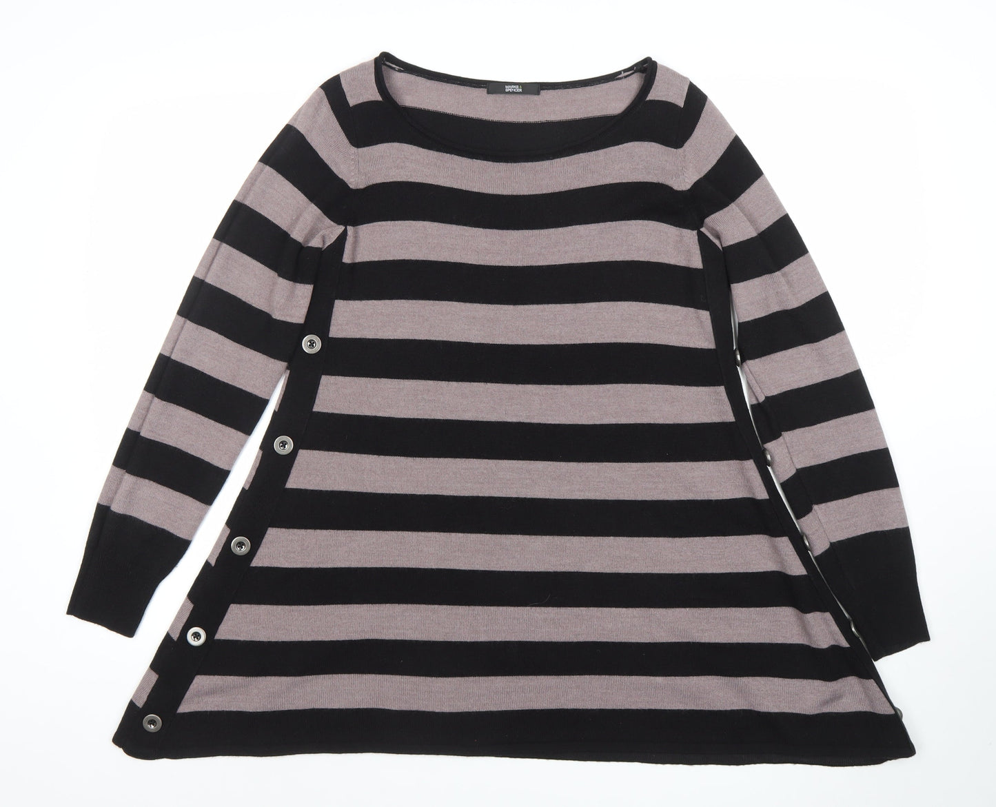 Marks and Spencer Womens Black Size 12 Striped Tunic Jumper