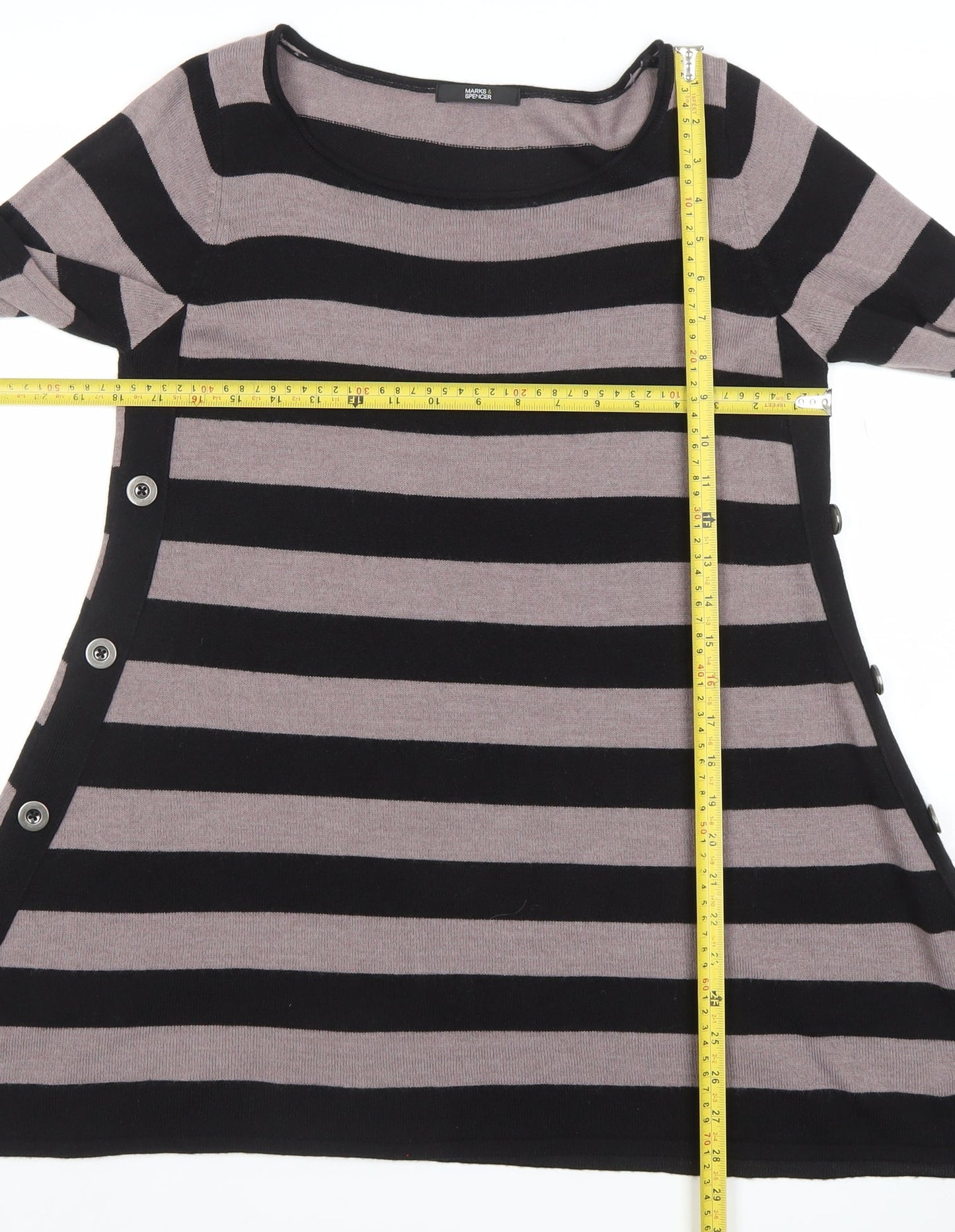 Marks and Spencer Womens Black Size 12 Striped Tunic Jumper