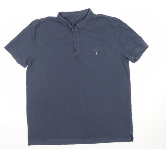 AllSaints Men Blue XXL Cotton Short Sleeve Polo Shirt