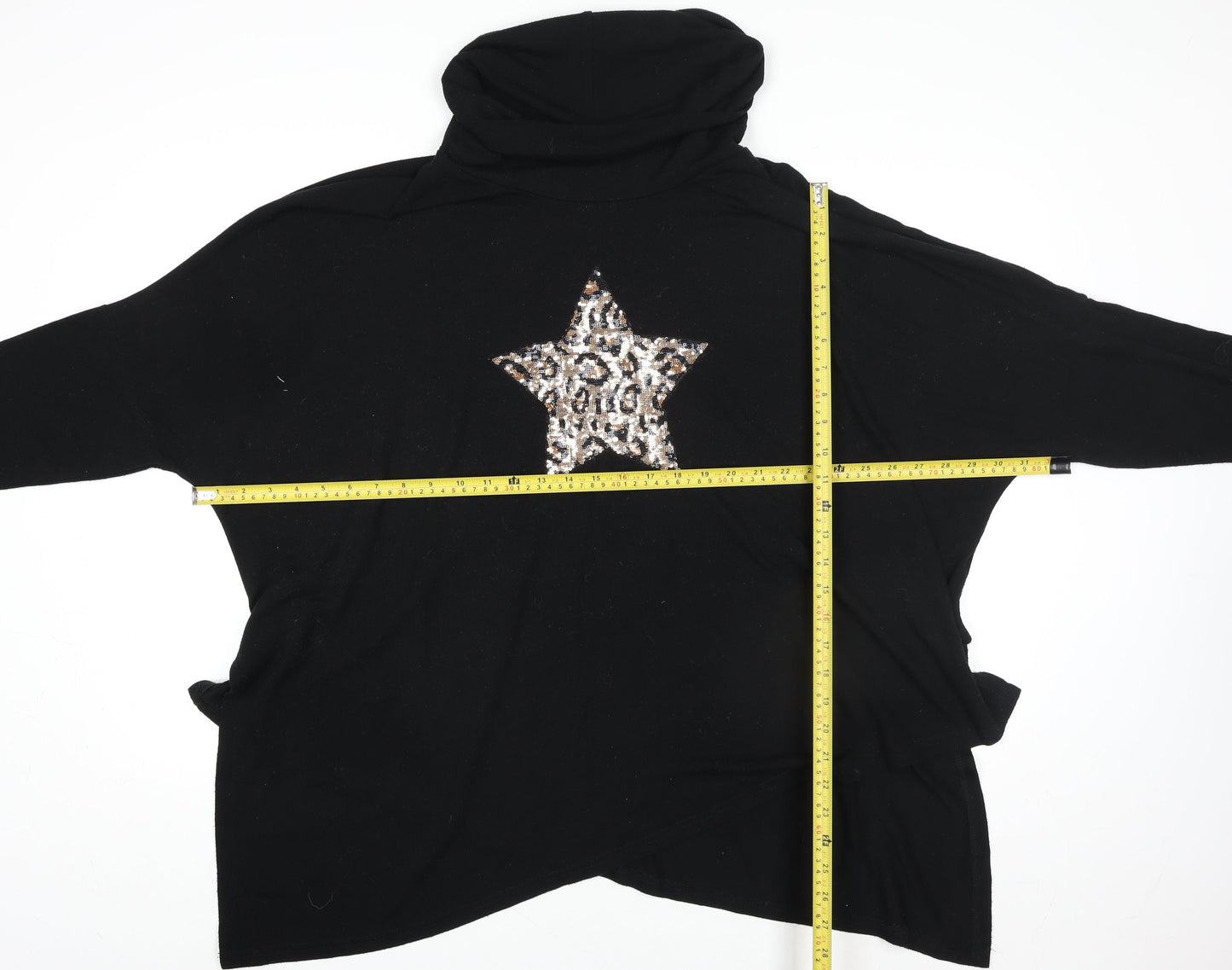 Roman Women Black Sequin Star Cowl Neck Long Sleeve Pullover Sweatshirt Size 20