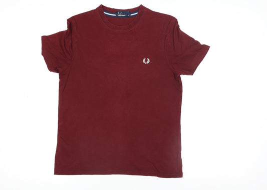Fred Perry Men's Burgundy Cotton Crew Neck Short Sleeve T-Shirt Size M
