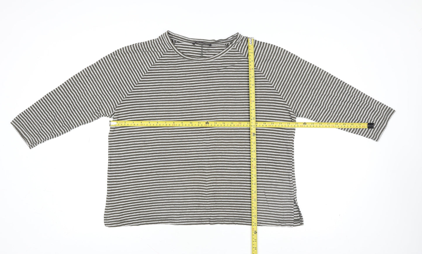 Marks and Spencer Women's Grey Striped 3/4 Sleeve Jersey T-Shirt Size 16