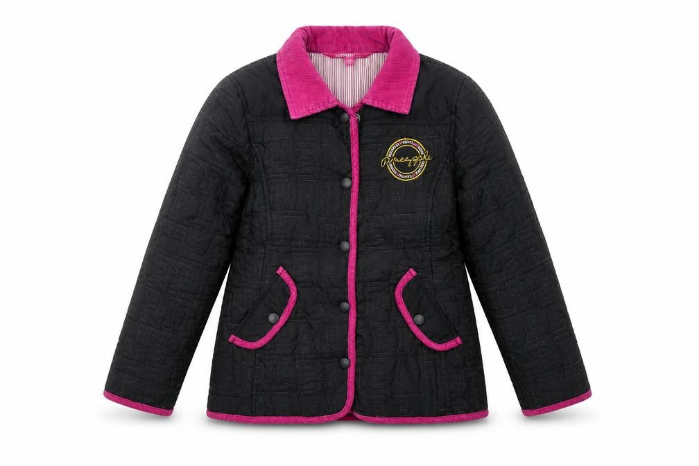 Front view of Pineapple girls’ black quilted jacket age 6-7 years pink trim logo design