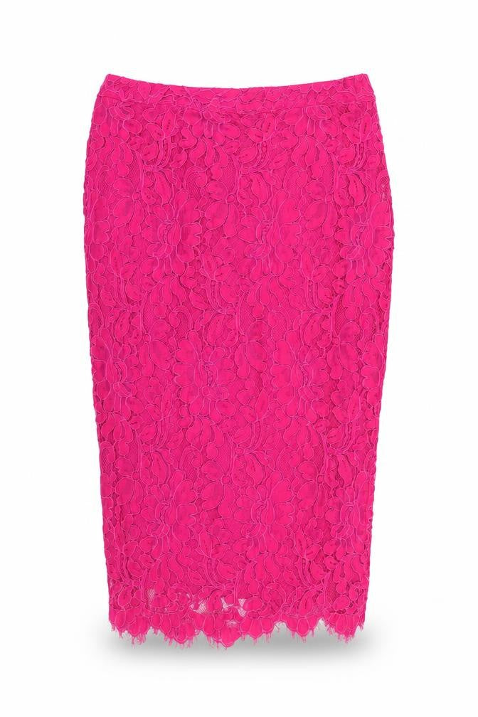 Front view of Gallery Women’s Pink Lace Pencil Skirt, size UK 12, Floral Formal