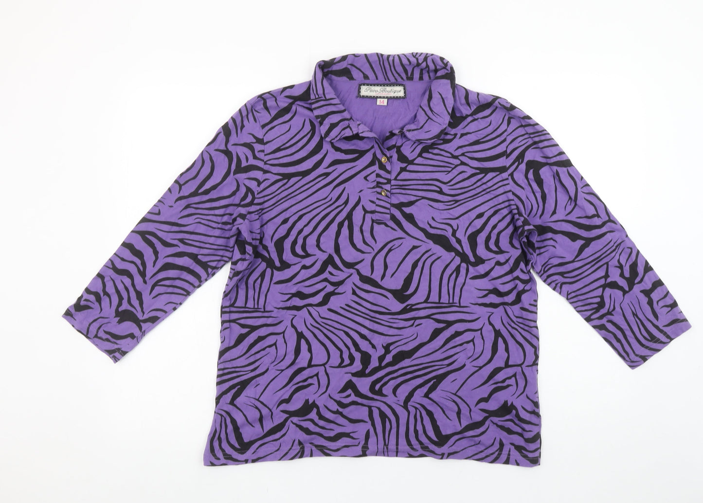 Paco Boutique Womens Purple Black Animal Print Cotton Button-Up Top Size 14