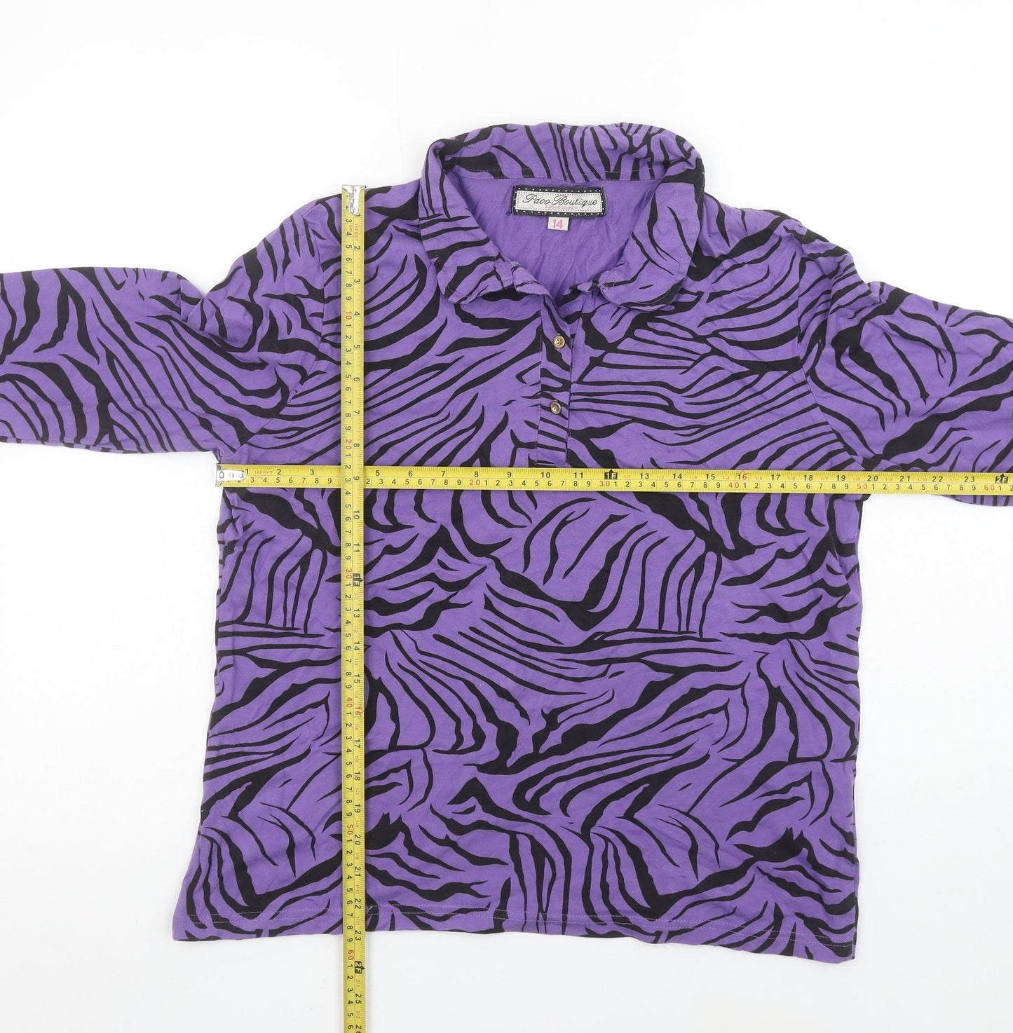 Paco Boutique Womens Purple Black Animal Print Cotton Button-Up Top Size 14