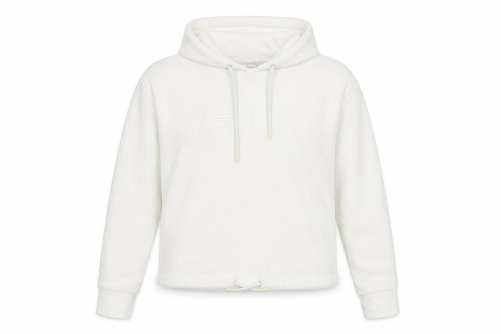 Front view of Fila Women White Small Pullover Hoodie Cotton Blend Casual