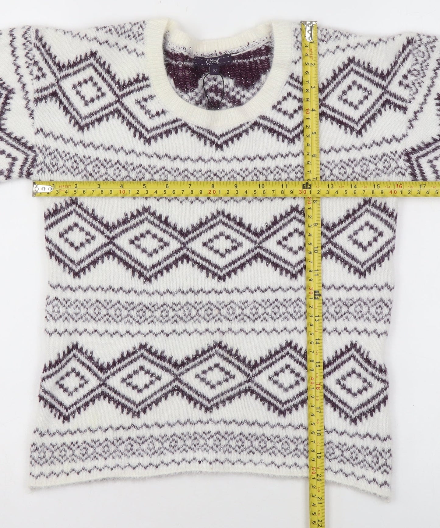 CODE Women White Geometric Knit Jumper Size 10 Winter Pullover