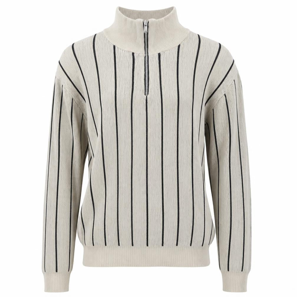 Front view of boohooMAN Men's Beige Striped 1/2 Zip Knit Sweatshirt, size S