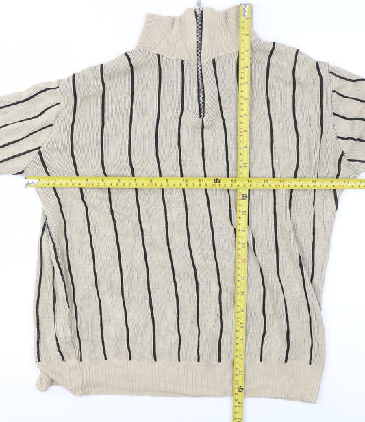 boohooMAN Men's Beige Striped 1/2 Zip Knit Sweatshirt Size S