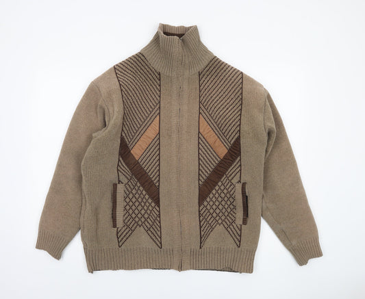ZSZ Menswear Men’s Beige Wool Blend Full Zip Jumper L High Neck Geometric Knit