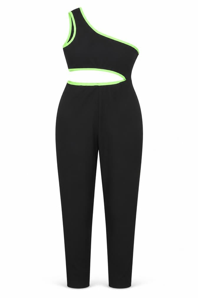 PrettyLittleThing Womens Black Neon Trim One Shoulder Jumpsuit UK 10