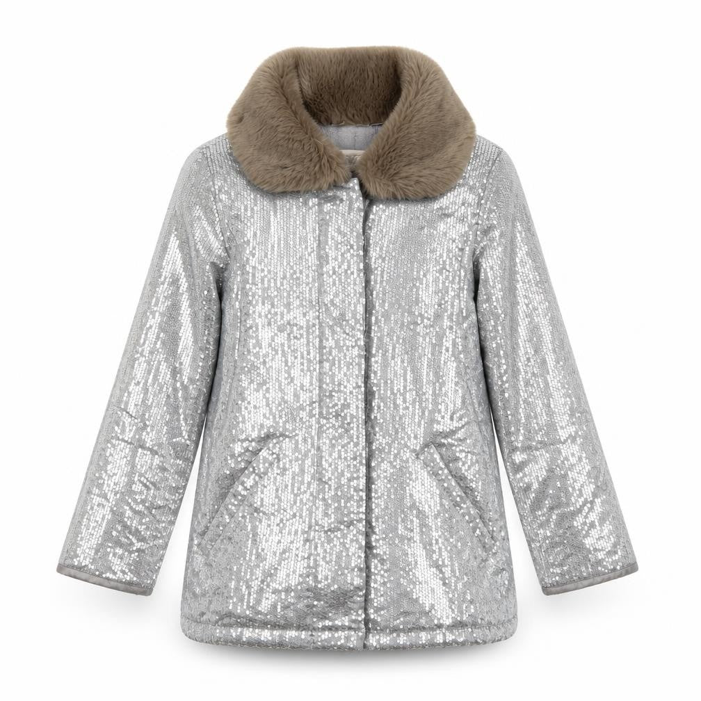 Front view of Teni Vici girls’ silver sequin faux fur collar winter puffer coat 6-7 years