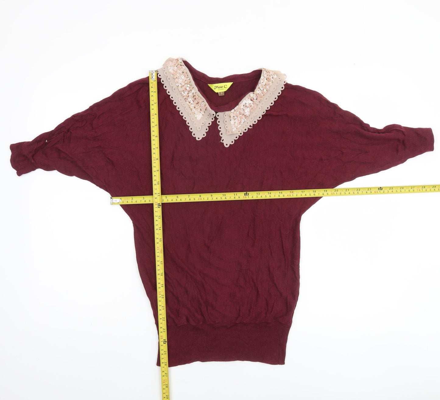 Max C London Women's Red Sequin Collar Pullover Jumper Size S