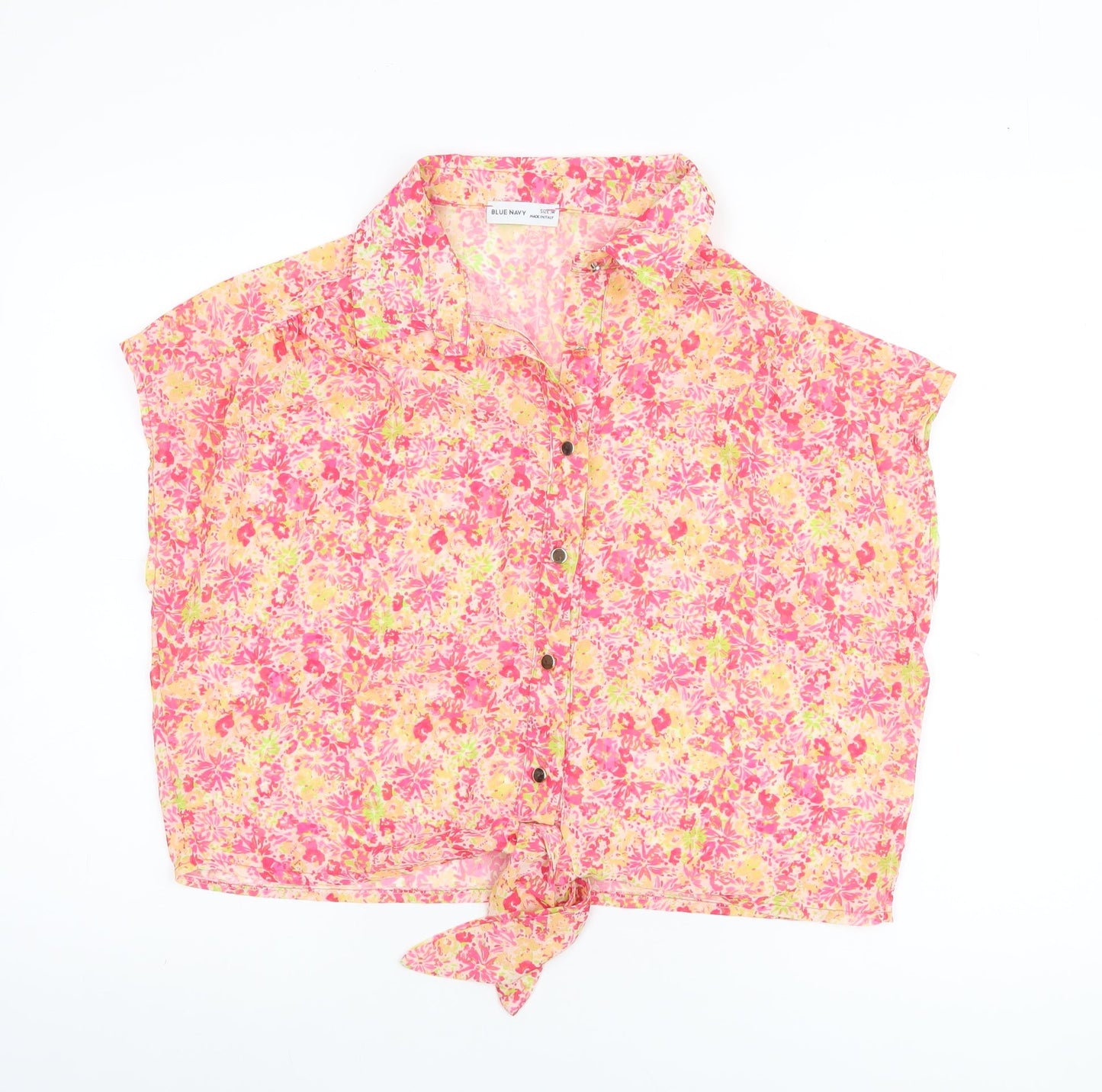 Blue Navy Women's Pink Floral Cropped Chiffon Blouse M