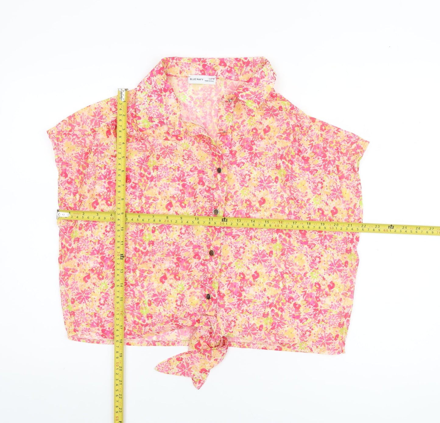 Blue Navy Women's Pink Floral Cropped Chiffon Blouse M
