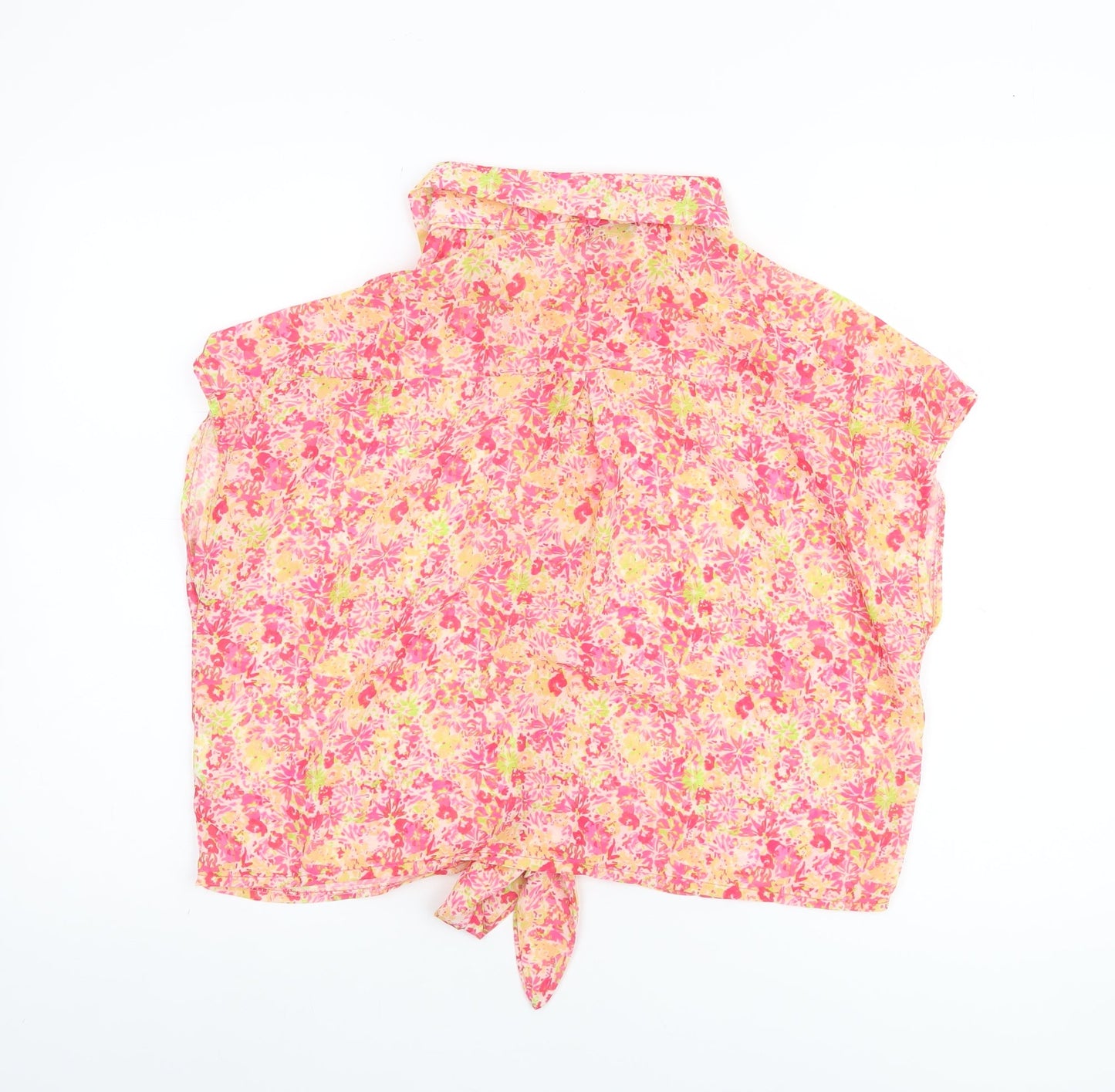 Blue Navy Women's Pink Floral Cropped Chiffon Blouse M