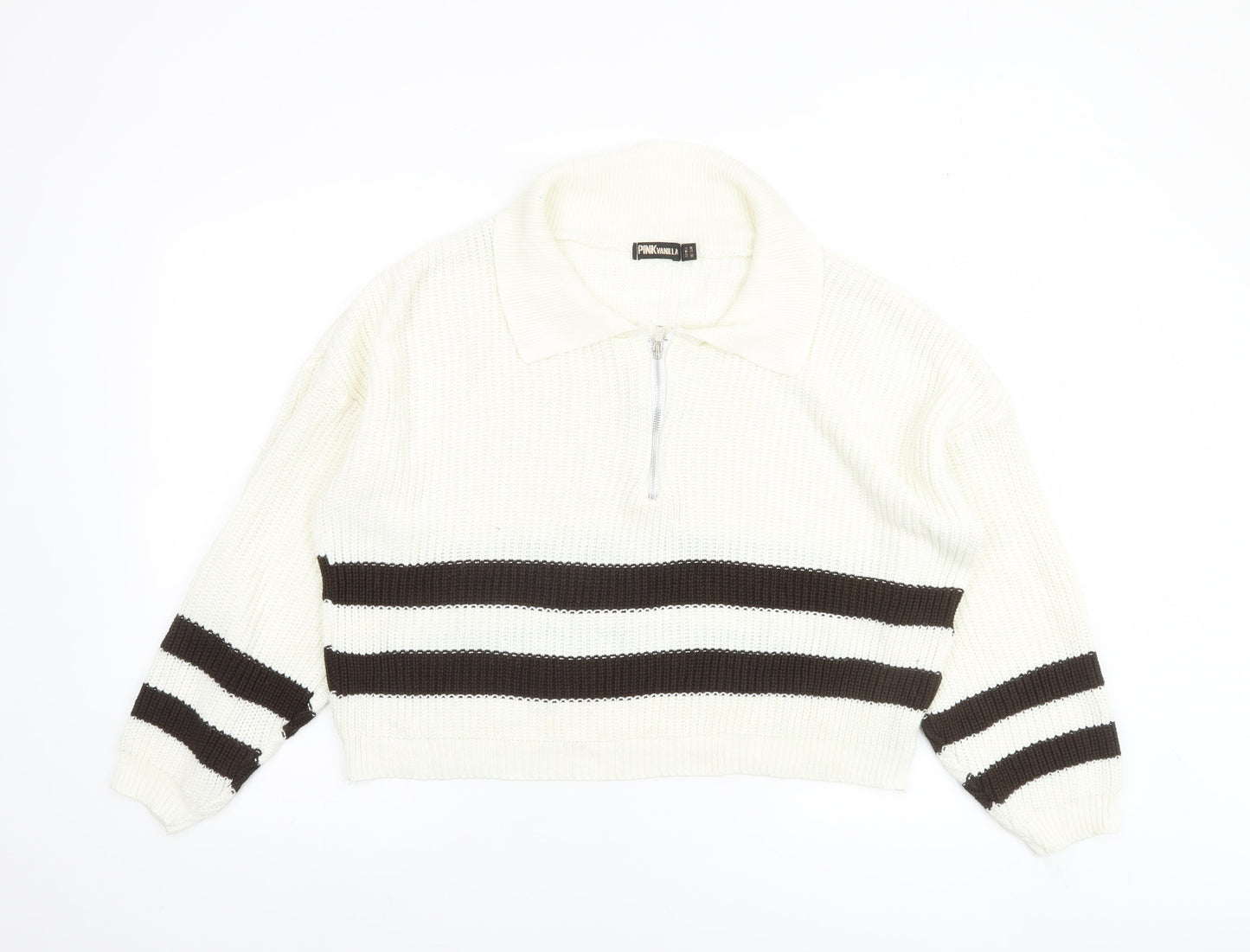 Pink Vanilla Women’s White Striped Collared Half Zip Jumper Size S