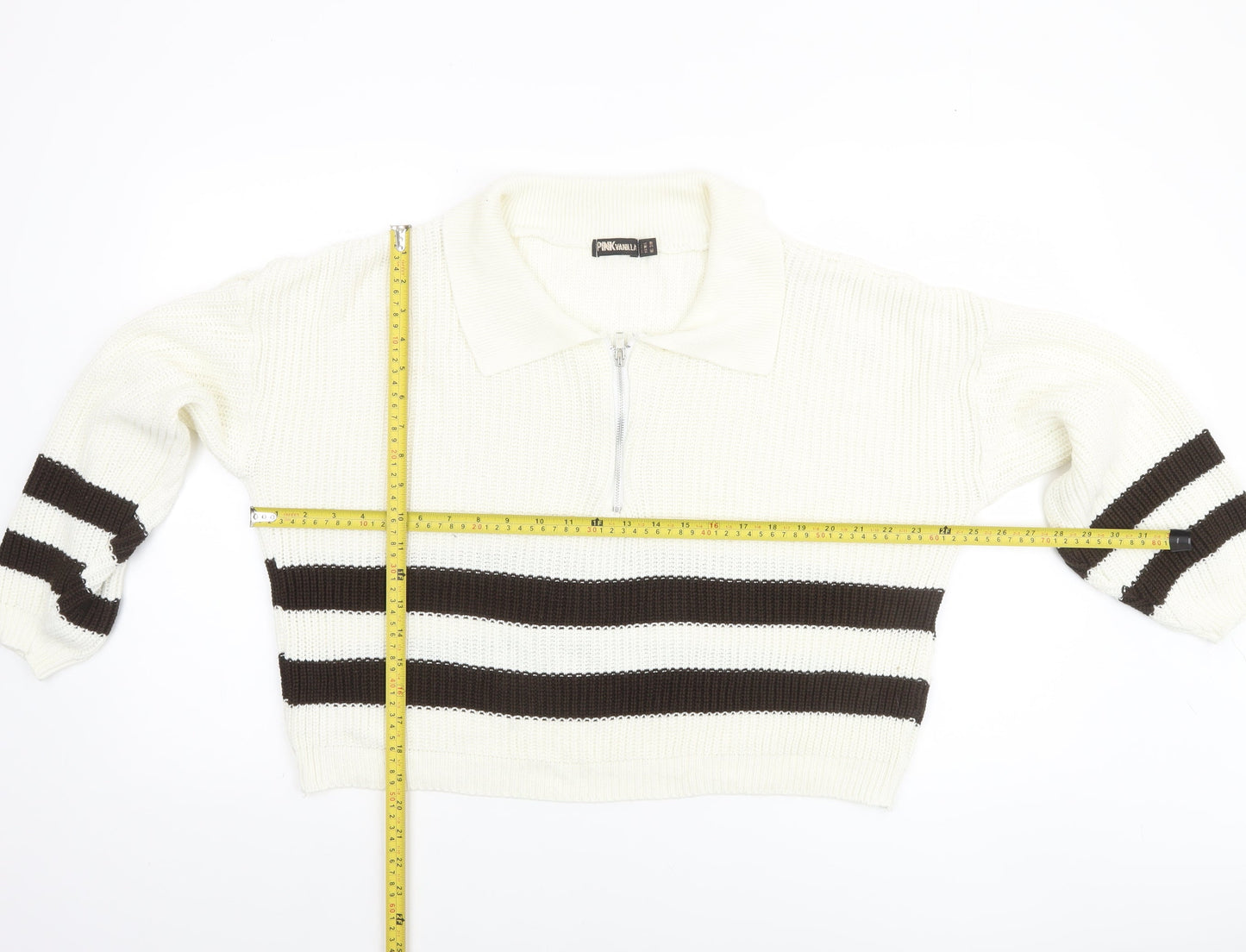Pink Vanilla Women’s White Striped Collared Half Zip Jumper Size S