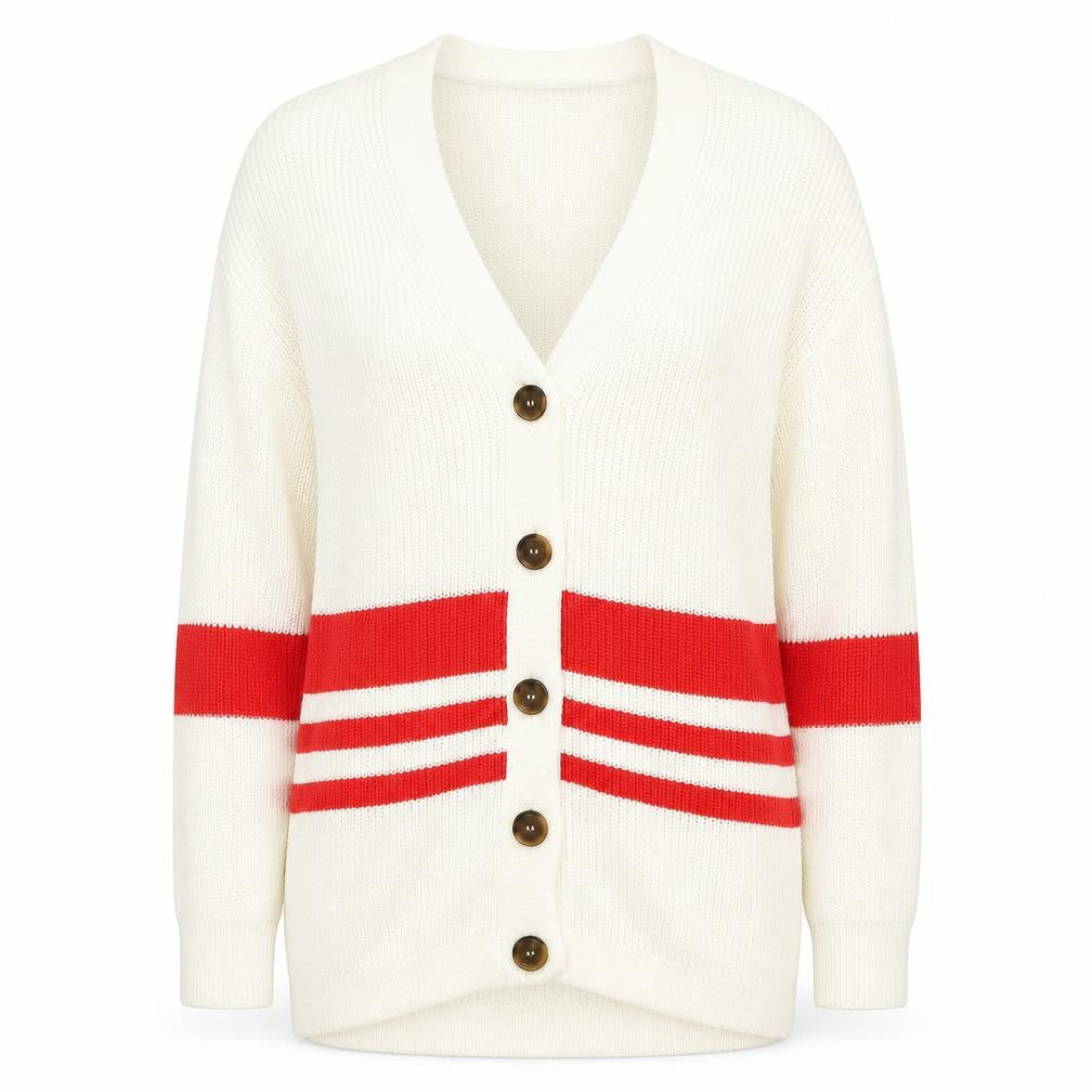 Marks and Spencer Women Ivory Red Striped V-Neck Cardigan Size S
