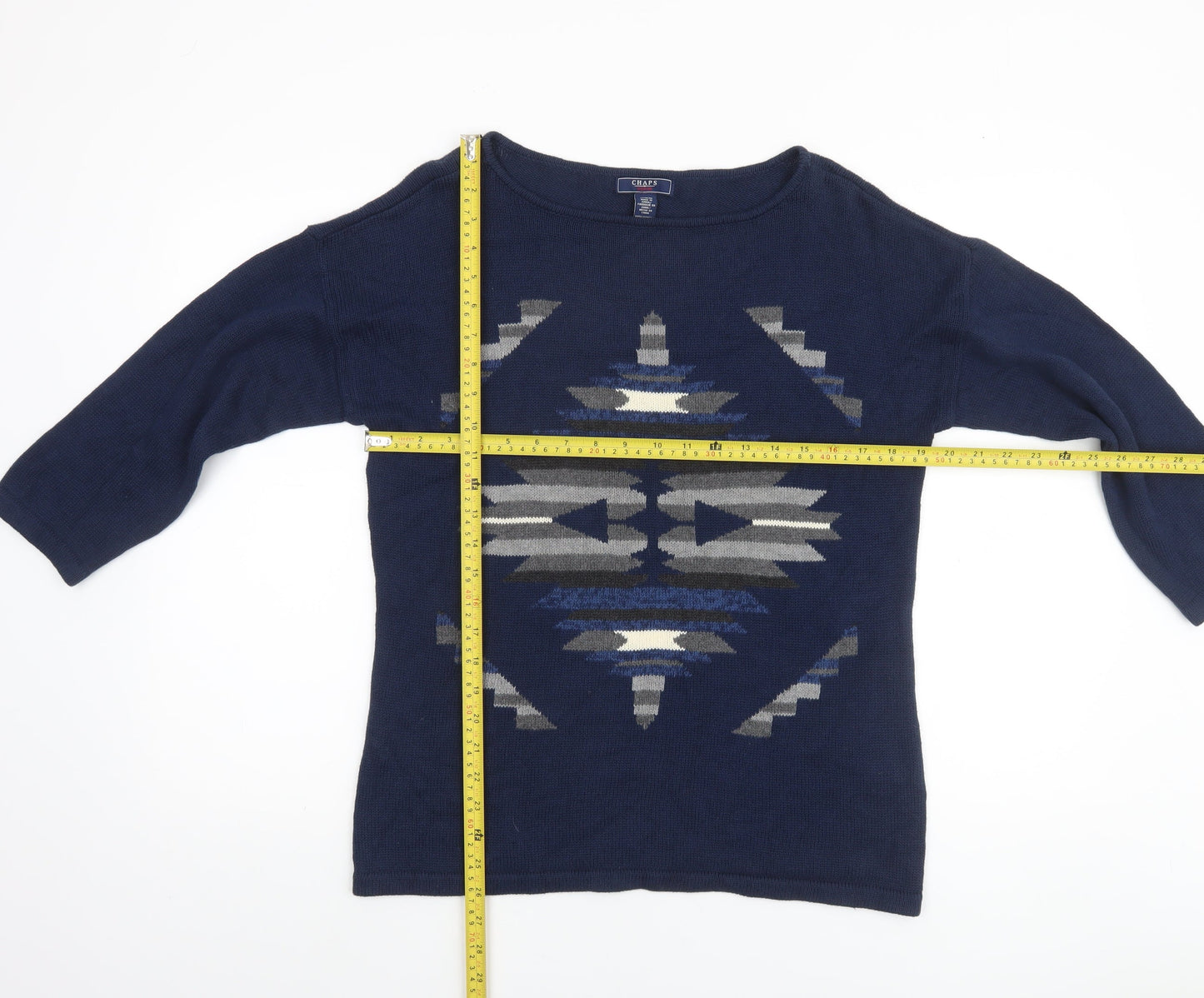 Chaps Women Blue Aztec Knit Cotton Pullover Jumper Size M