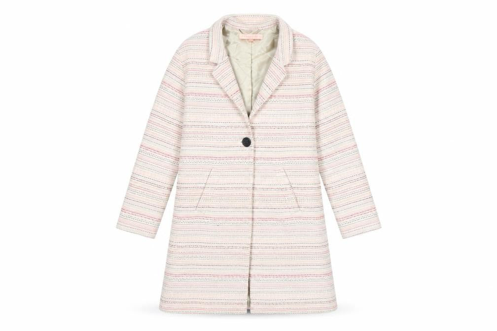 Front view of Jigsaw Junior girls’ beige striped mid-length coat 8 years cotton blend