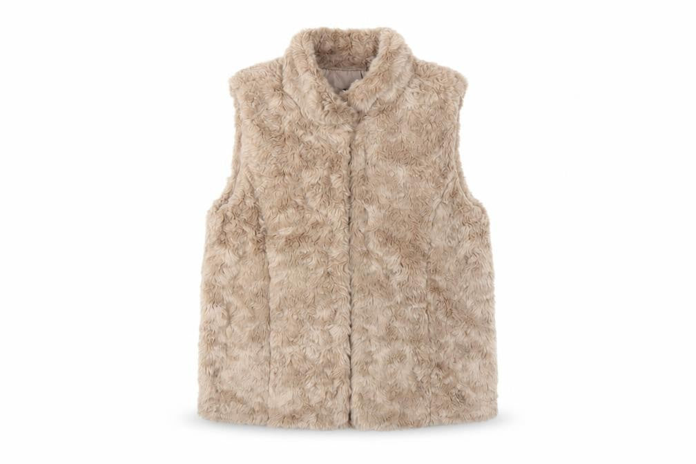 Front view of GapKids girls’ beige faux fur waistcoat uk 10-11 years lined winter vest