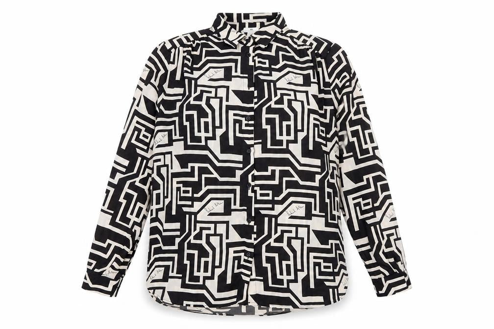 H&M Women’s Black Geometric Button-Up Shirt Size 14 Long Sleeve Polyester
