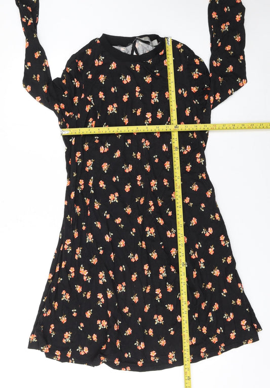 ASOS Women Black Floral A-Line Long Sleeve Dress Size 12