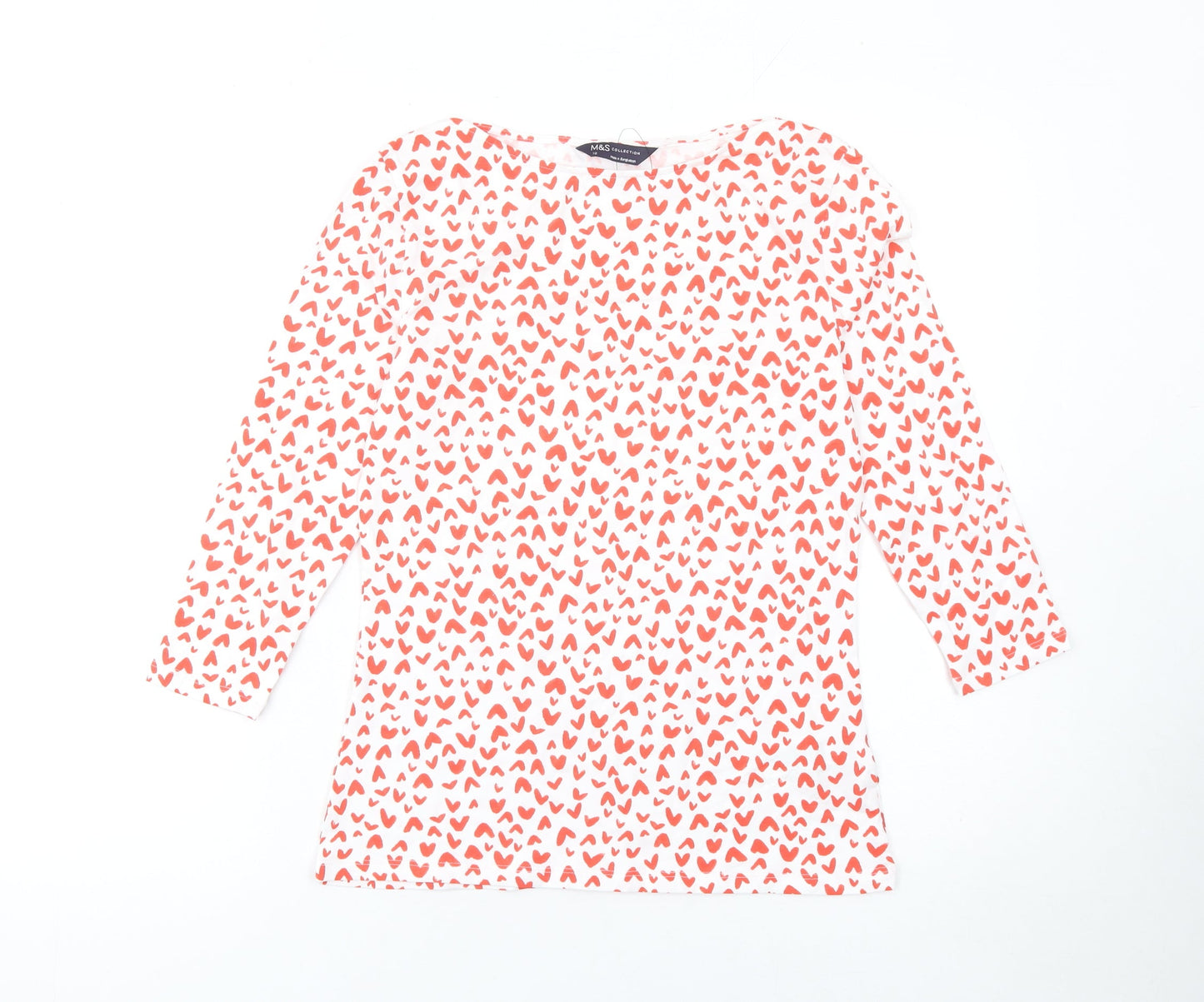Marks and Spencer Women's White Red Heart Print Long Sleeve Cotton T-Shirt Size 10