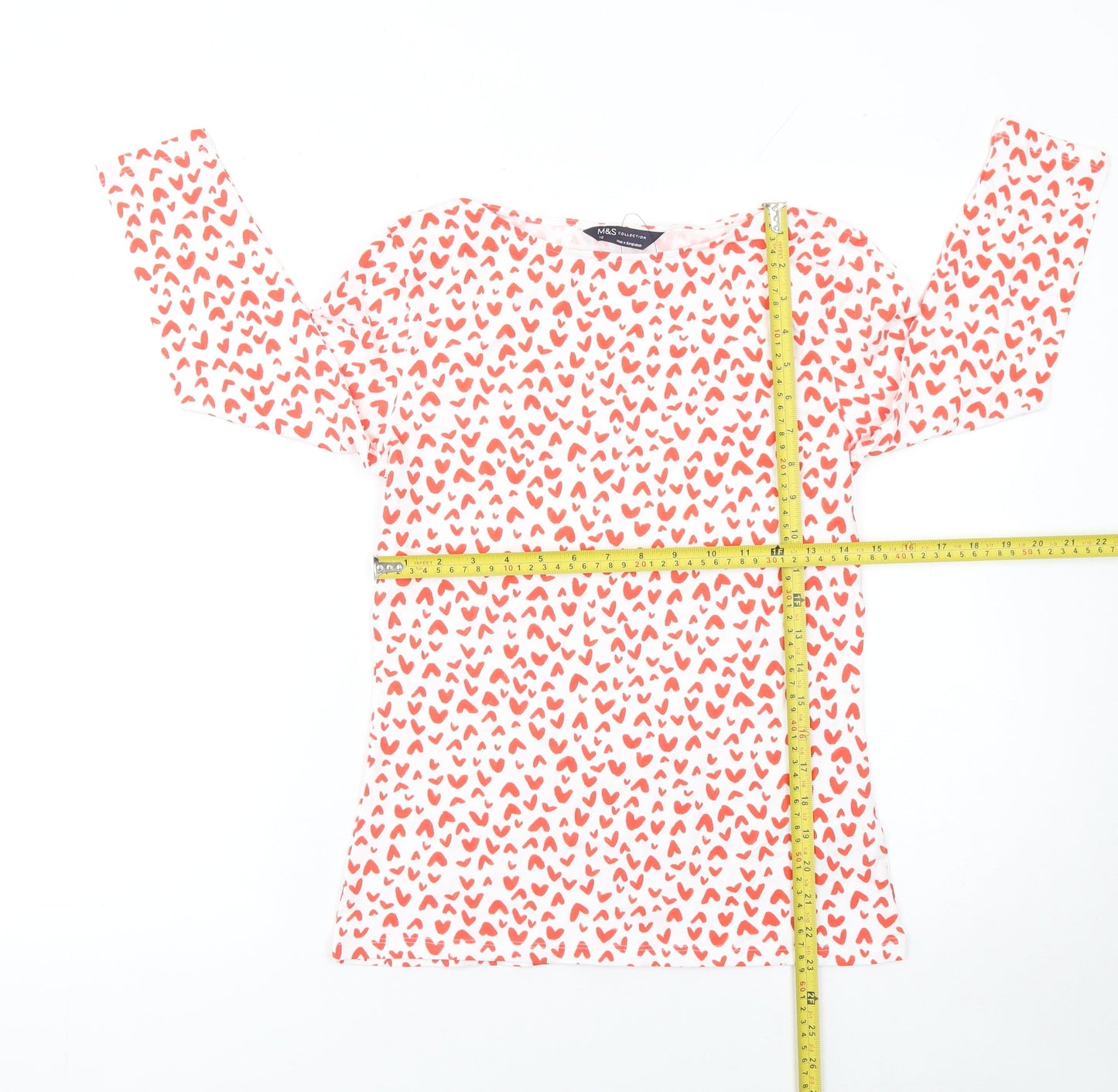 Marks and Spencer Women's White Red Heart Print Long Sleeve Cotton T-Shirt Size 10