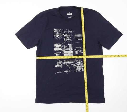 John Lewis & Partners Men's Blue Art Graphic Cotton Crew Neck T-Shirt Size L