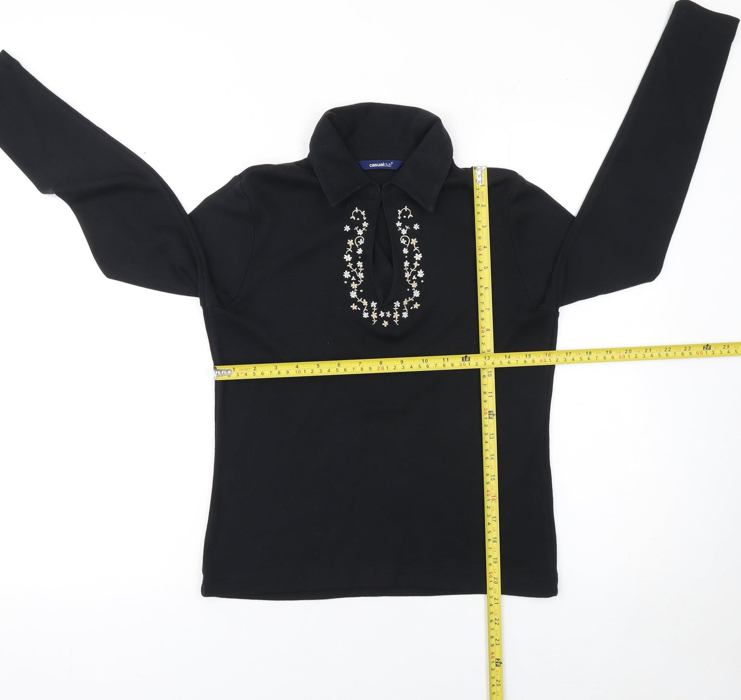 Casual Club Women's Black Collared Beaded Button-Up Top Size 12