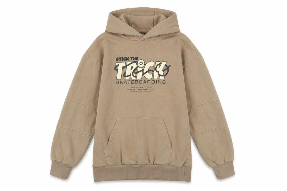 Front view of F&F boys’ beige stick the trick skateboarding pullover hoodie, size 12-13, years