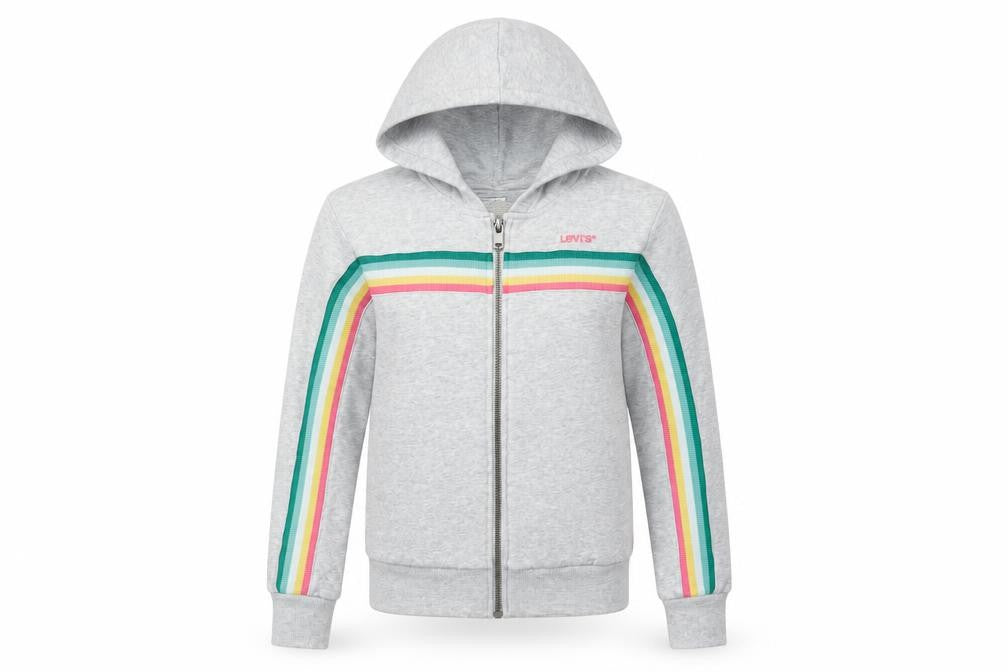 Front view of Levi's girls’ grey rainbow stripe hoodie track jacket 14 years