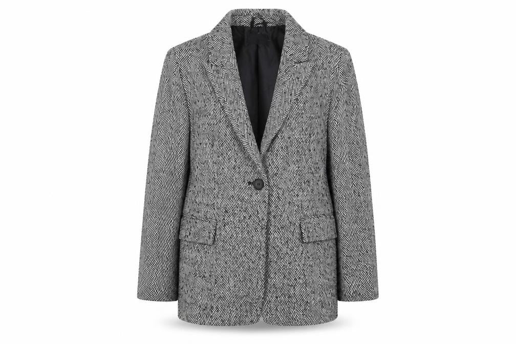 Et Vous Womens Grey Herringbone Blazer Size 12 Classic Mid-Length Jacket