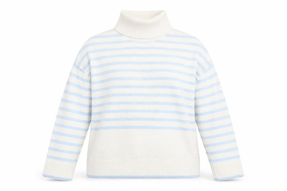 Front view of Crew Clothing White Blue Roll Neck Striped Jumper, size 10