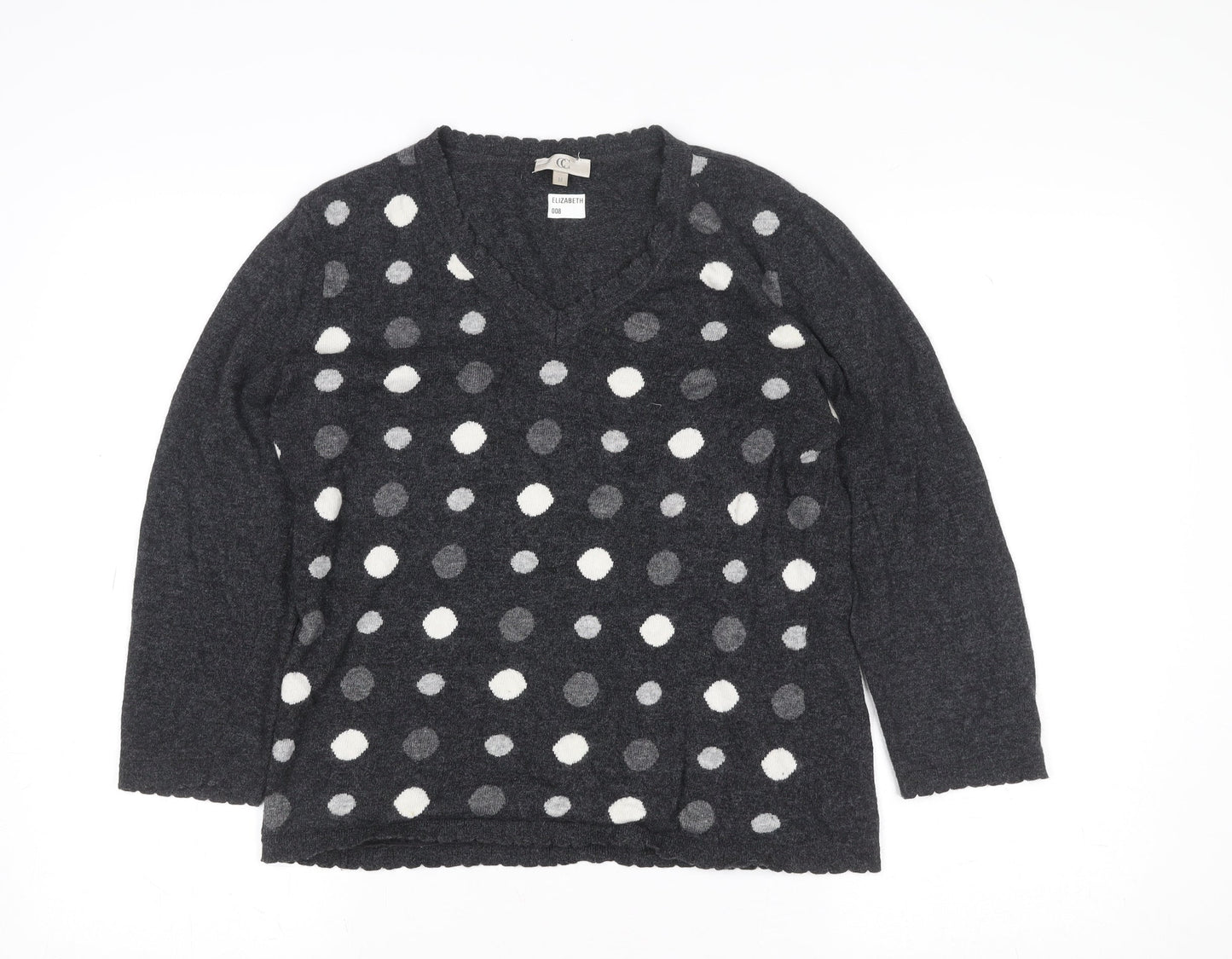 CC Women’s Grey Polka Dot V-Neck 3/4 Sleeve Angora Jumper M