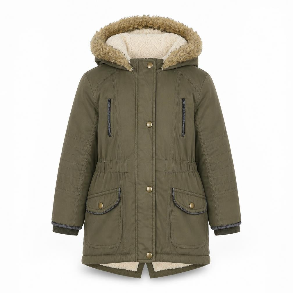 Front view of Young Dimension girls’ green faux fur hooded parka coat 5-6 years
