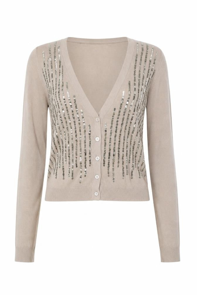 Front view of J.Crew Women Beige Sequin V-Neck Cotton Button-Up Cardigan M