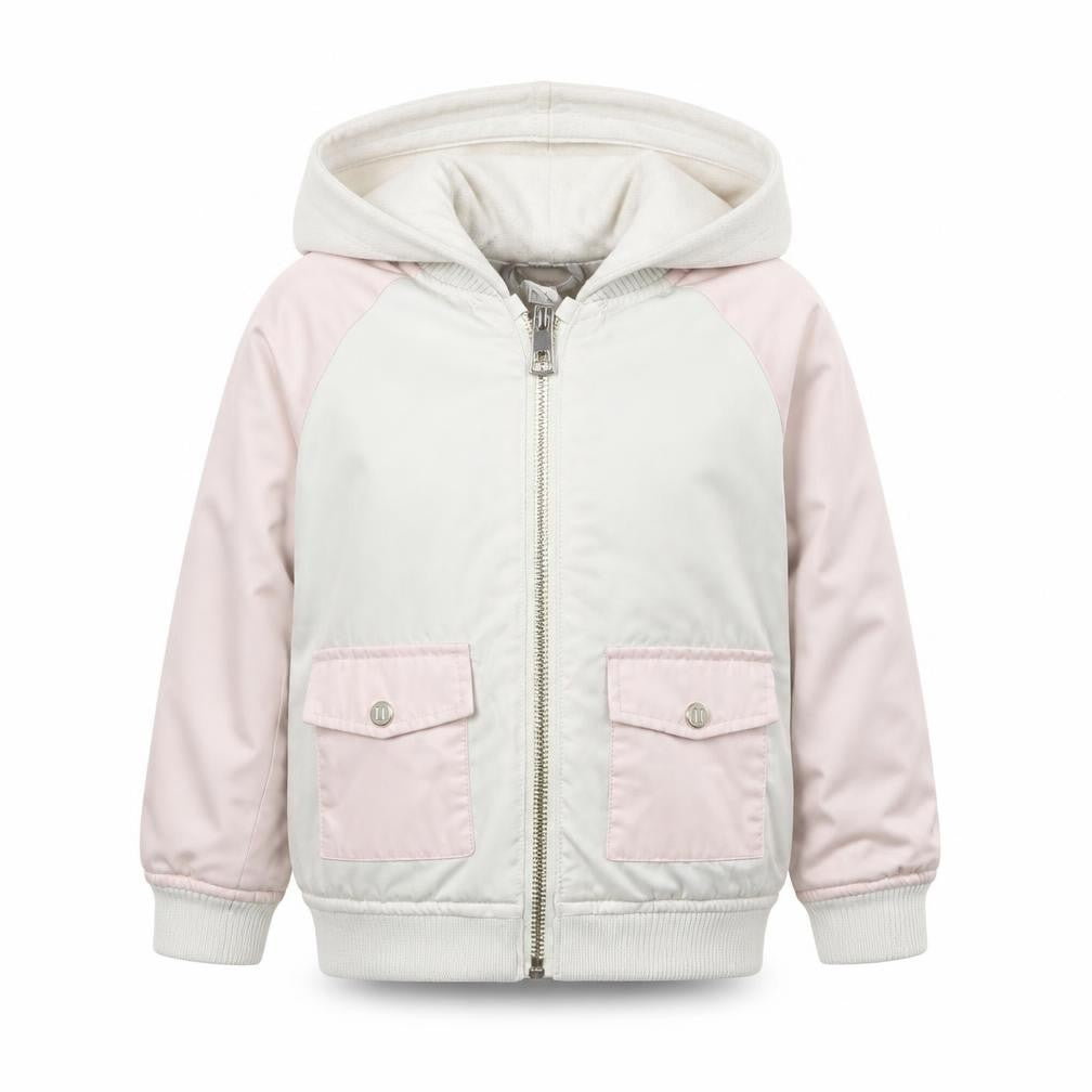 Front view of River Island girls’ ivory pink hooded bomber jacket 2-3 years lined pockets