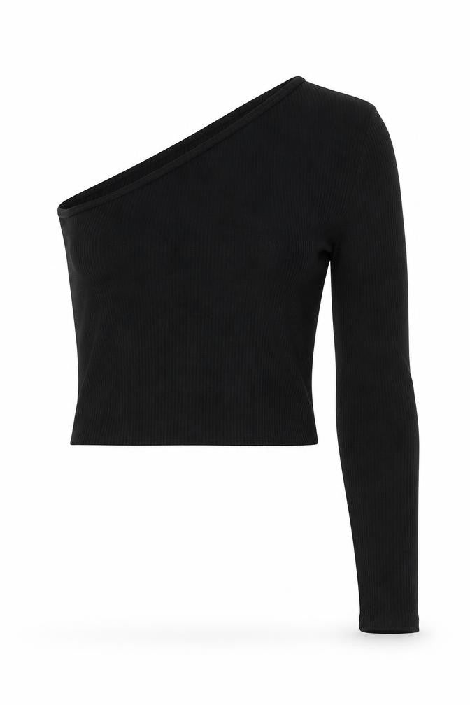 H&M Women's Black One Shoulder Cropped Ribbed Jersey Top Size M