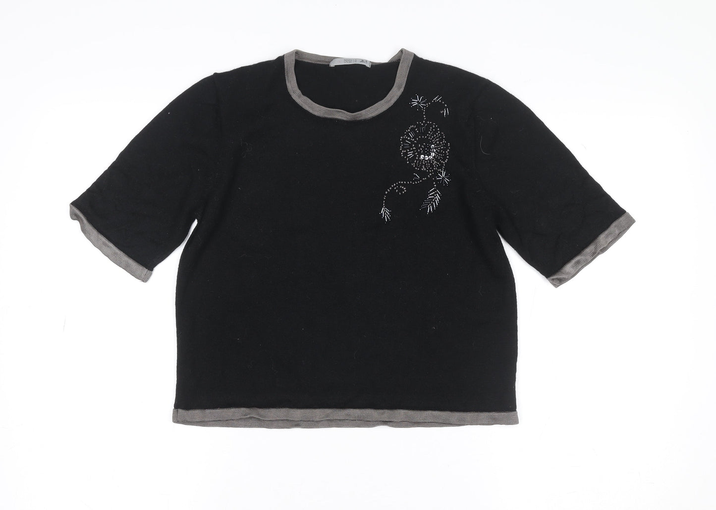 Marks and Spencer Women's Black Beaded Wool Blend Short Sleeve Knit Top Size 12